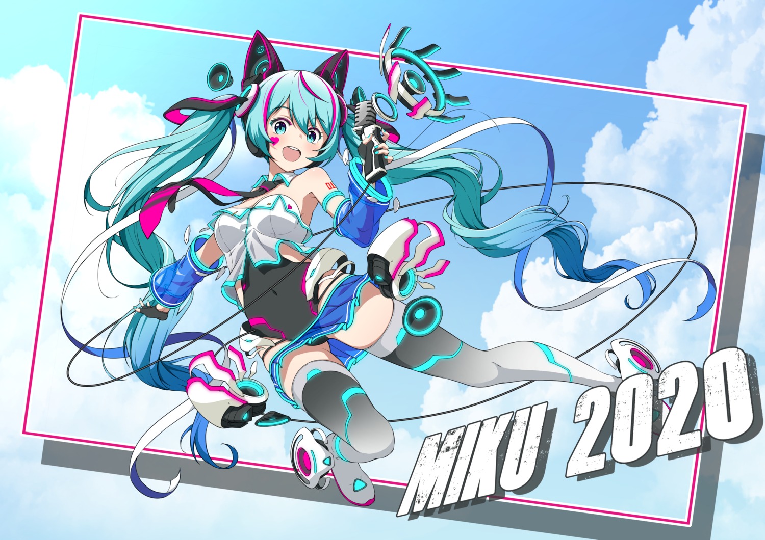 animal_ears asanaya hatsune_miku headphones leotard nekomimi no_bra see_through skirt_lift tattoo thighhighs vocaloid