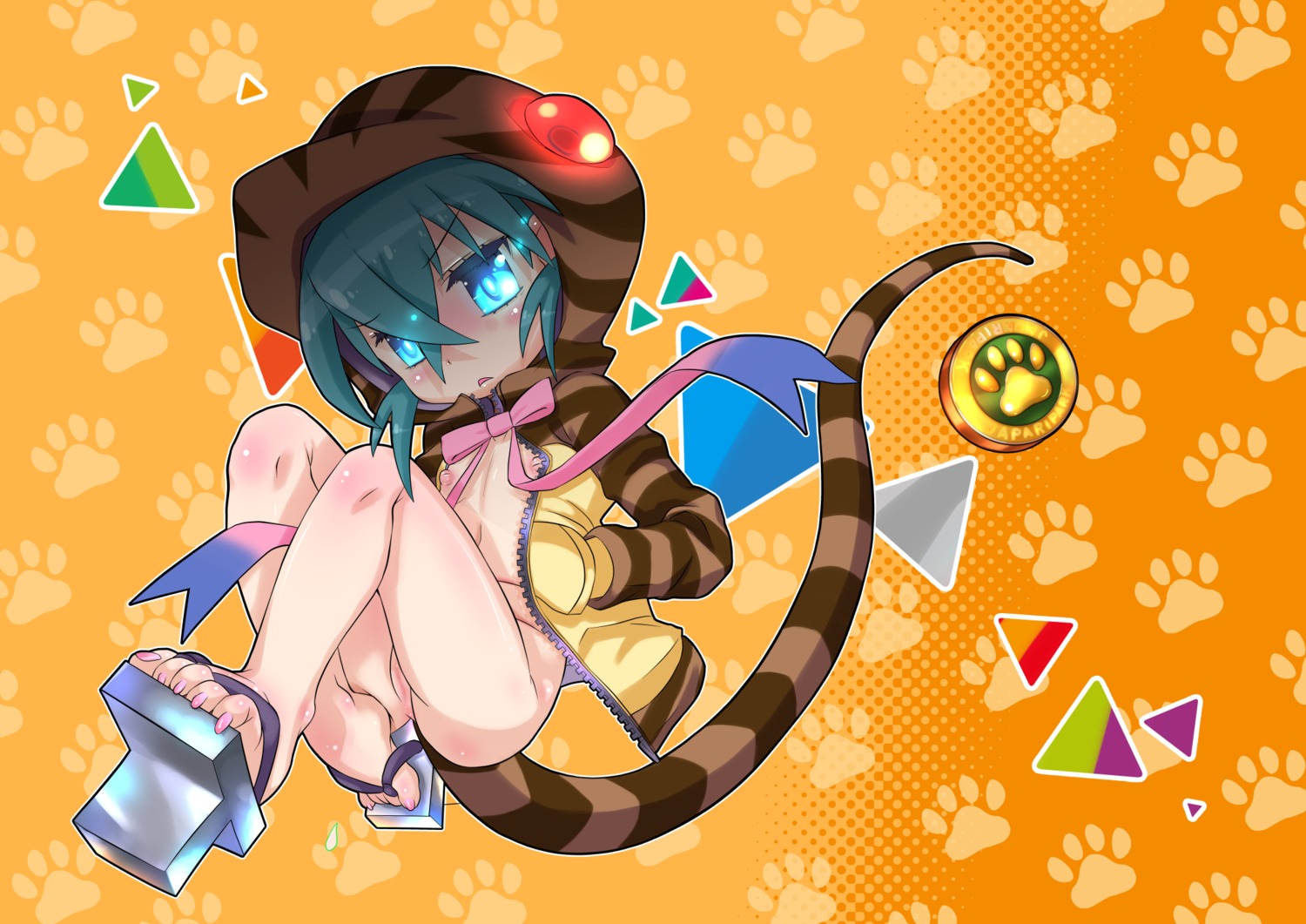 bottomless censored kemono_friends loli matsumomo_mahiru nipples no_bra open_shirt pussy tail