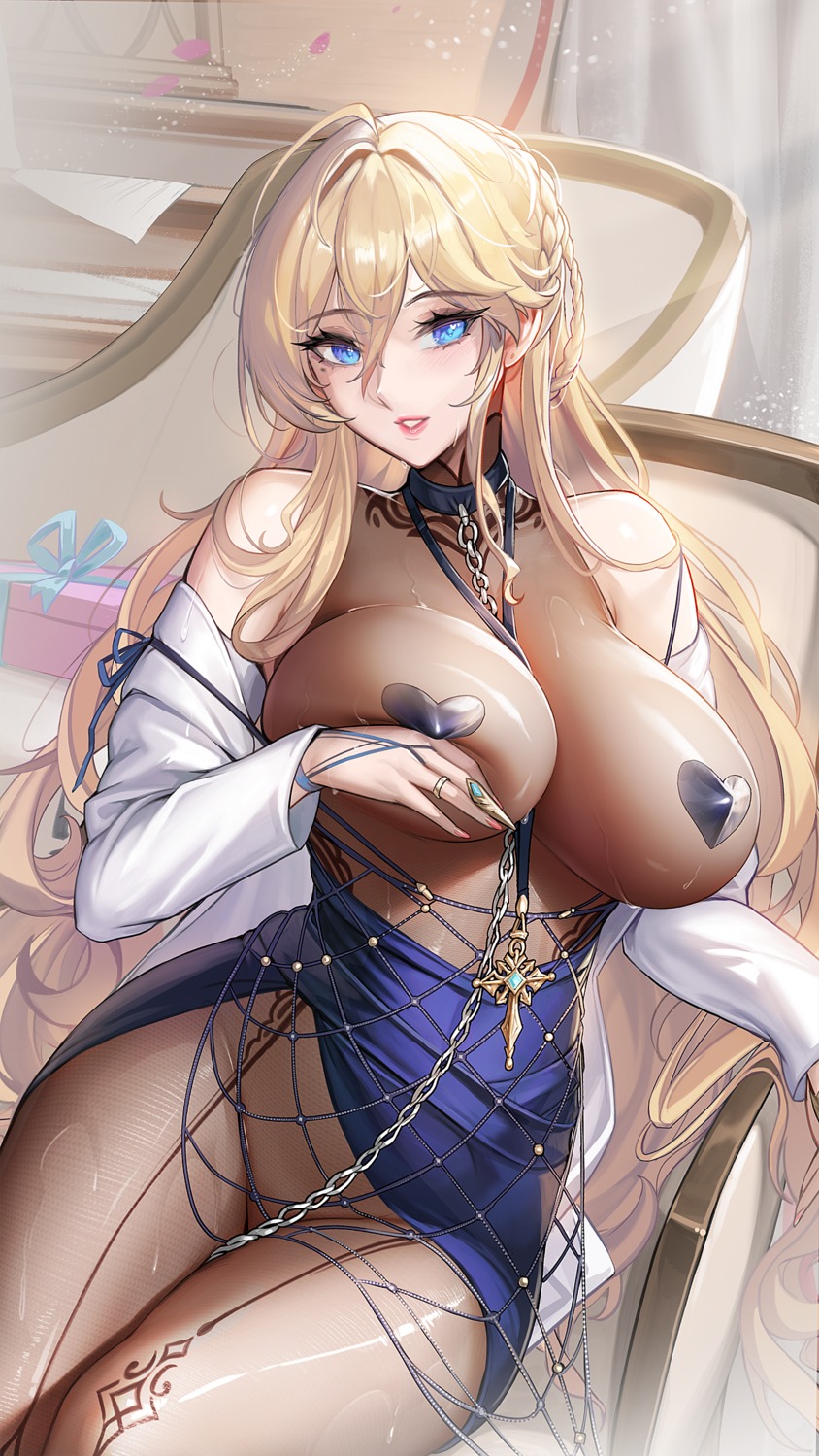 artoria_pendragon_(lancer) bodysuit breast_hold dress erect_nipples fate/grand_order no_bra nopan pasties tsuki_no_i-min