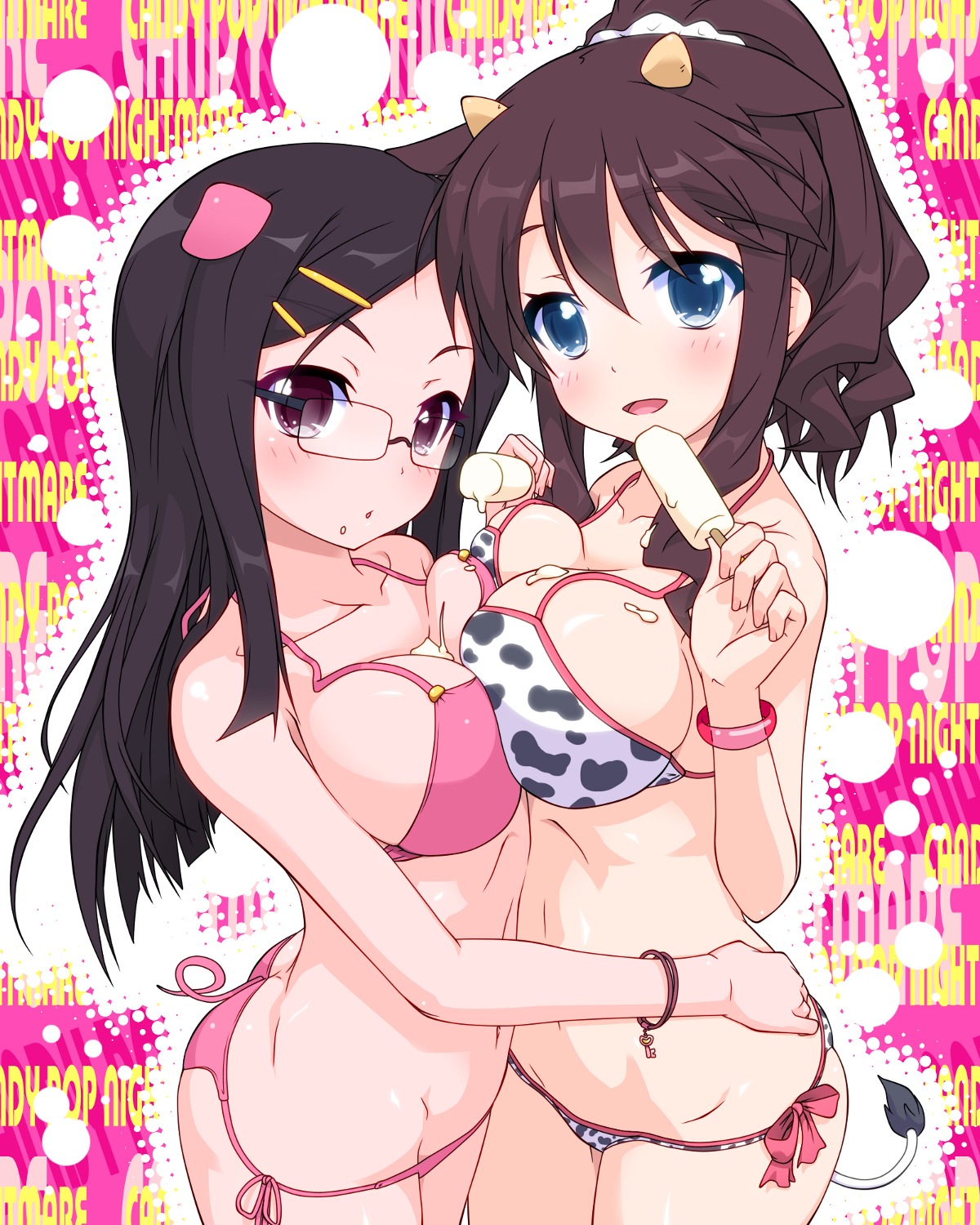 animal_ears bikini candy_pop_nightmare cleavage cream k10k megane swimsuits symmetrical_docking tail yuri