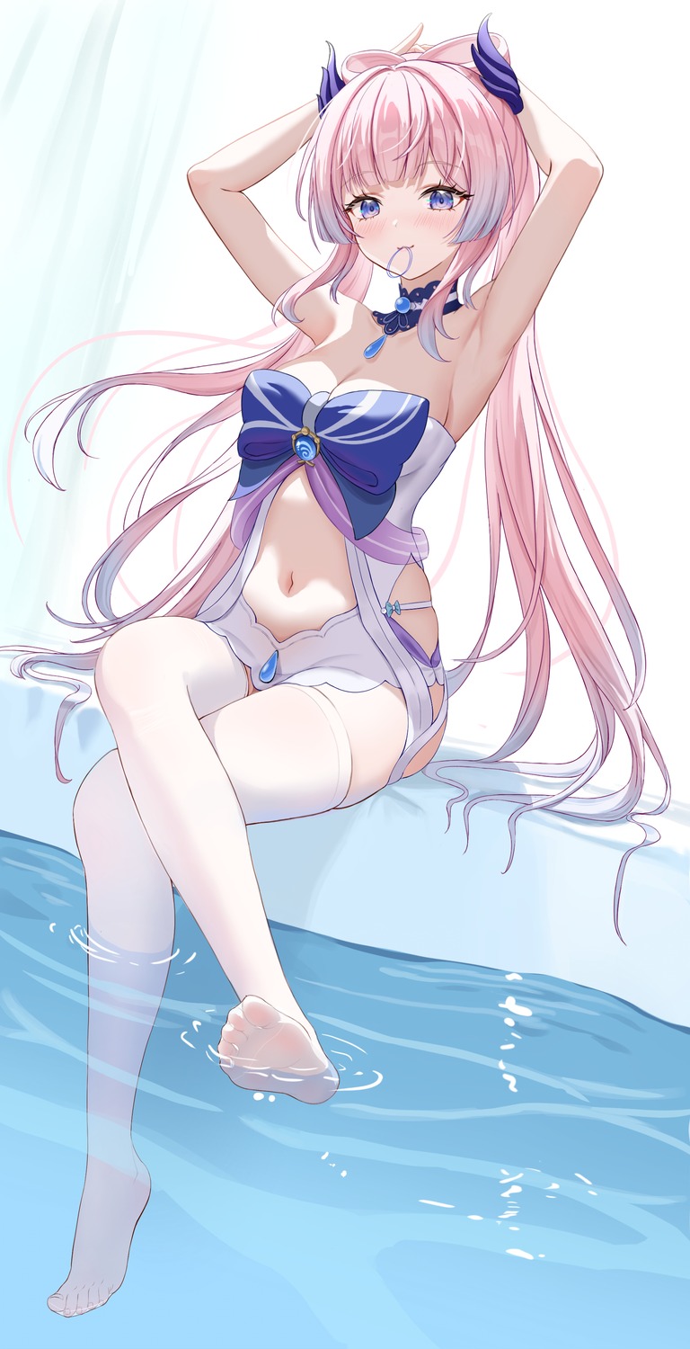 genshin_impact no_bra sangonomiya_kokomi thighhighs ttkaki wet