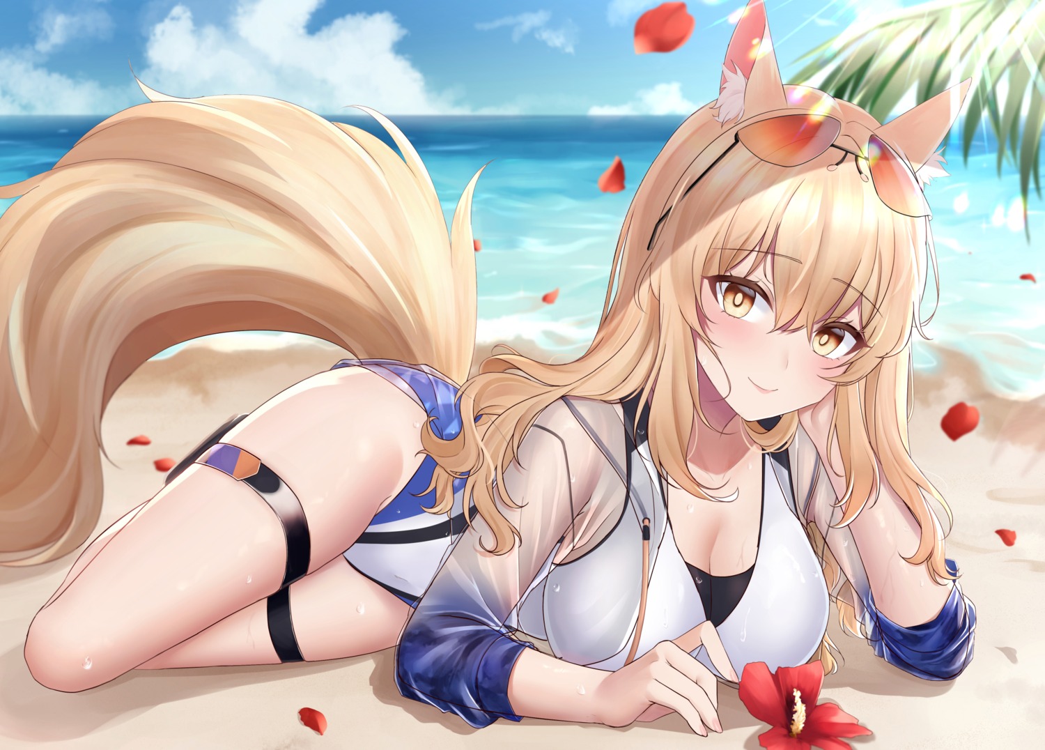 animal_ears arknights cleavage garter jyu-so megane nearl_(arknights) see_through swimsuits tail wet wet_clothes
