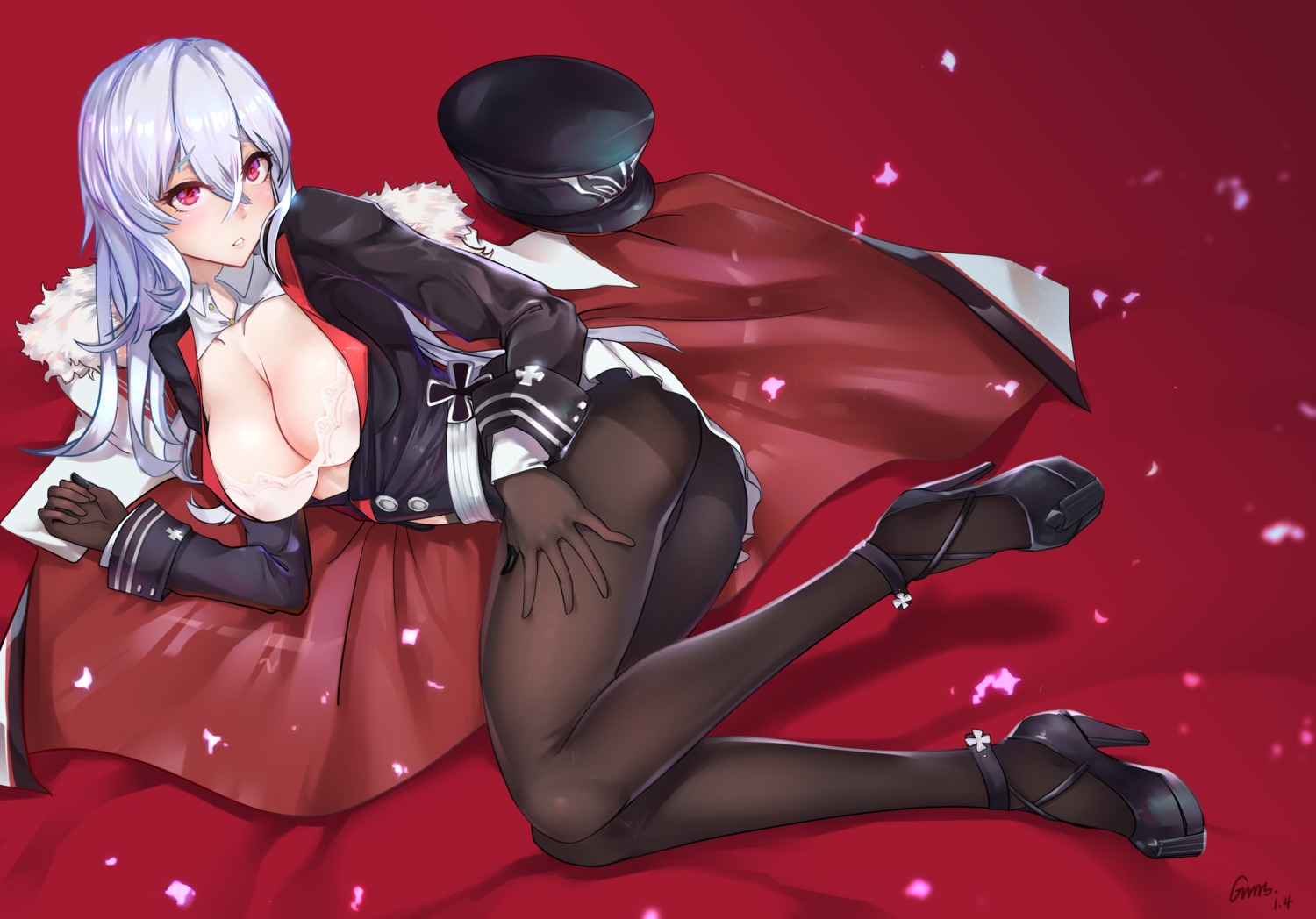 areola ass azur_lane bra cleavage gins graf_zeppelin_(azur_lane) heels open_shirt pantyhose see_through uniform