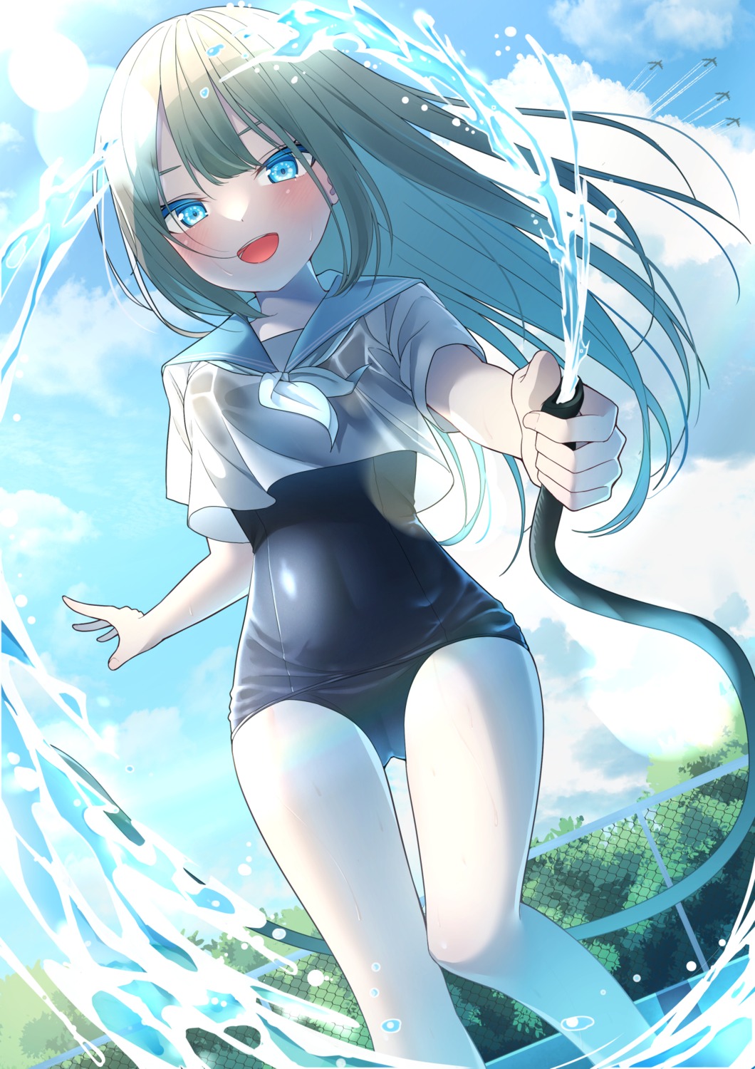 cameltoe menbou_(menbow3v) school_swimsuit see_through seifuku swimsuits wet wet_clothes