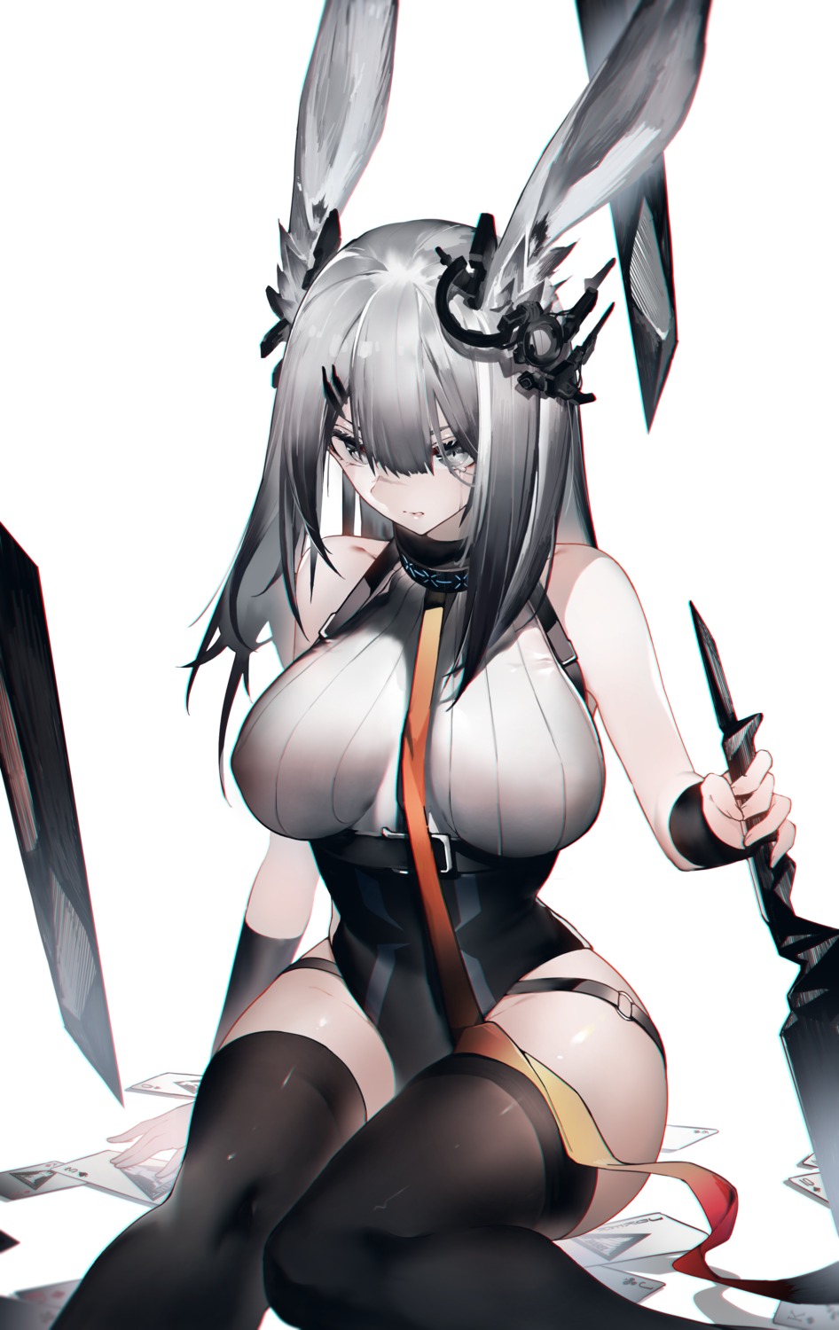 animal_ears arknights bunny_ears bunny_girl erect_nipples frostnova_(arknights) sword thighhighs yushi_quetzalli