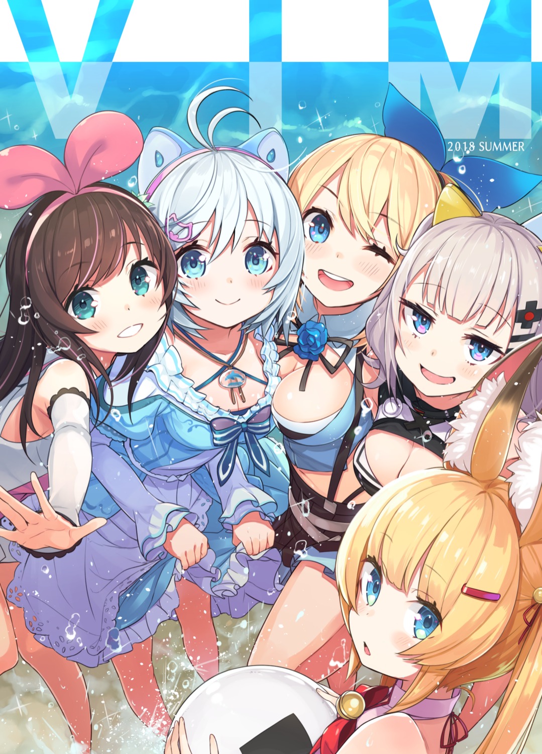 a.i._channel animal_ears cleavage crossover dennou_shoujo_youtuber_shiro fuuen kaguya_luna kizuna_ai mirai_akari mirai_akari_project shiro_(dennou_shoujo_youtuber_shiro) skirt_lift tam-u the_moon_studio