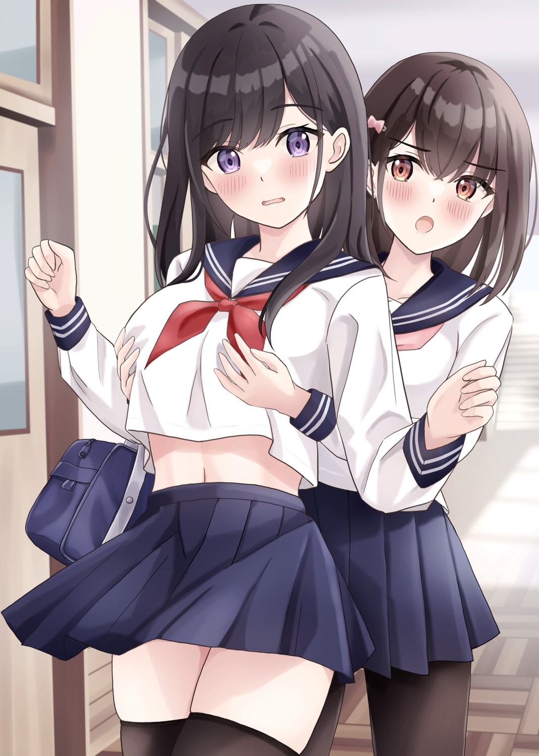 breast_grab seifuku thighhighs yukimaru217 yuri