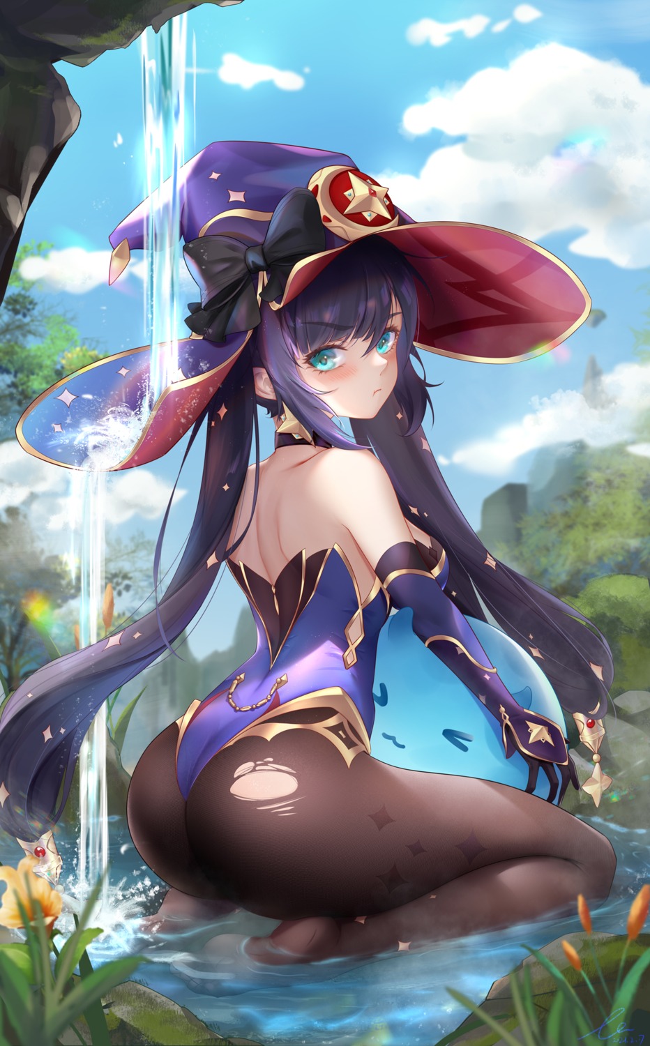 ass genshin_impact leotard liu_liaoliao mona_megistus no_bra pantyhose thong torn_clothes wet witch