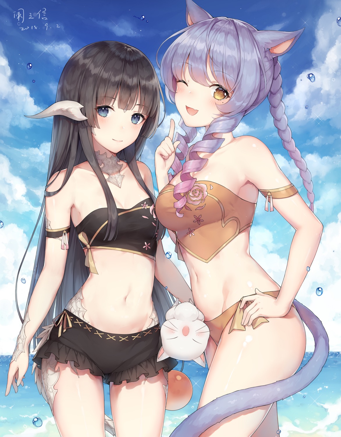 animal_ears au_ra ayuanlv bikini cleavage final_fantasy final_fantasy_xiv horns miqo'te moogle swimsuits tail