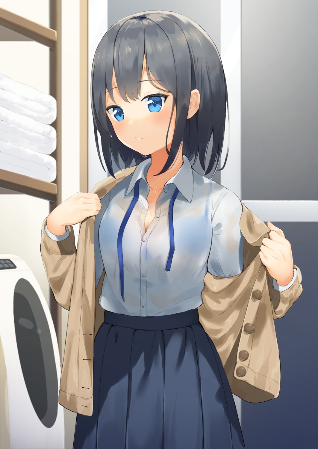 bra mirai_(mirai76_) see_through seifuku sweater undressing wet_clothes