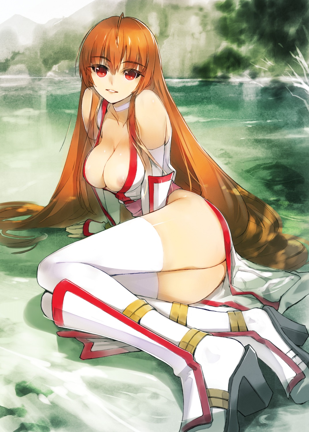 cleavage dead_or_alive kasumi nipple_slip nopan sanbasou thighhighs