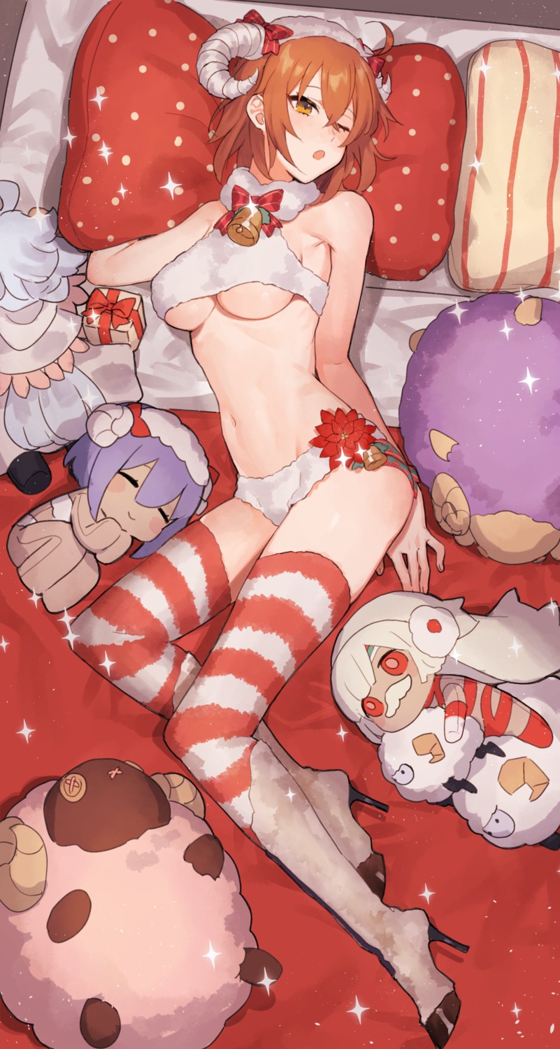 attila_(fate/grand_order) christmas fate/prototype:_fragments_of_blue_and_silver fujimaru_ritsuka_(female) hassan_of_serenity_(fate) heels horns merlin_(fate/stay_night) thighhighs underboob yayata