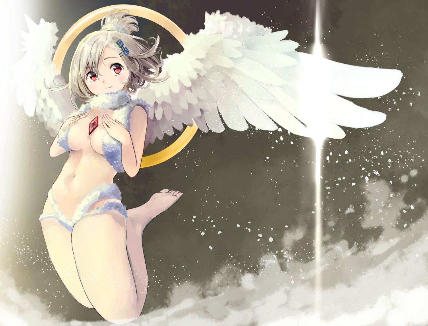 breast_hold cleavage feet itsutsuse no_bra open_shirt pantsu underboob wings