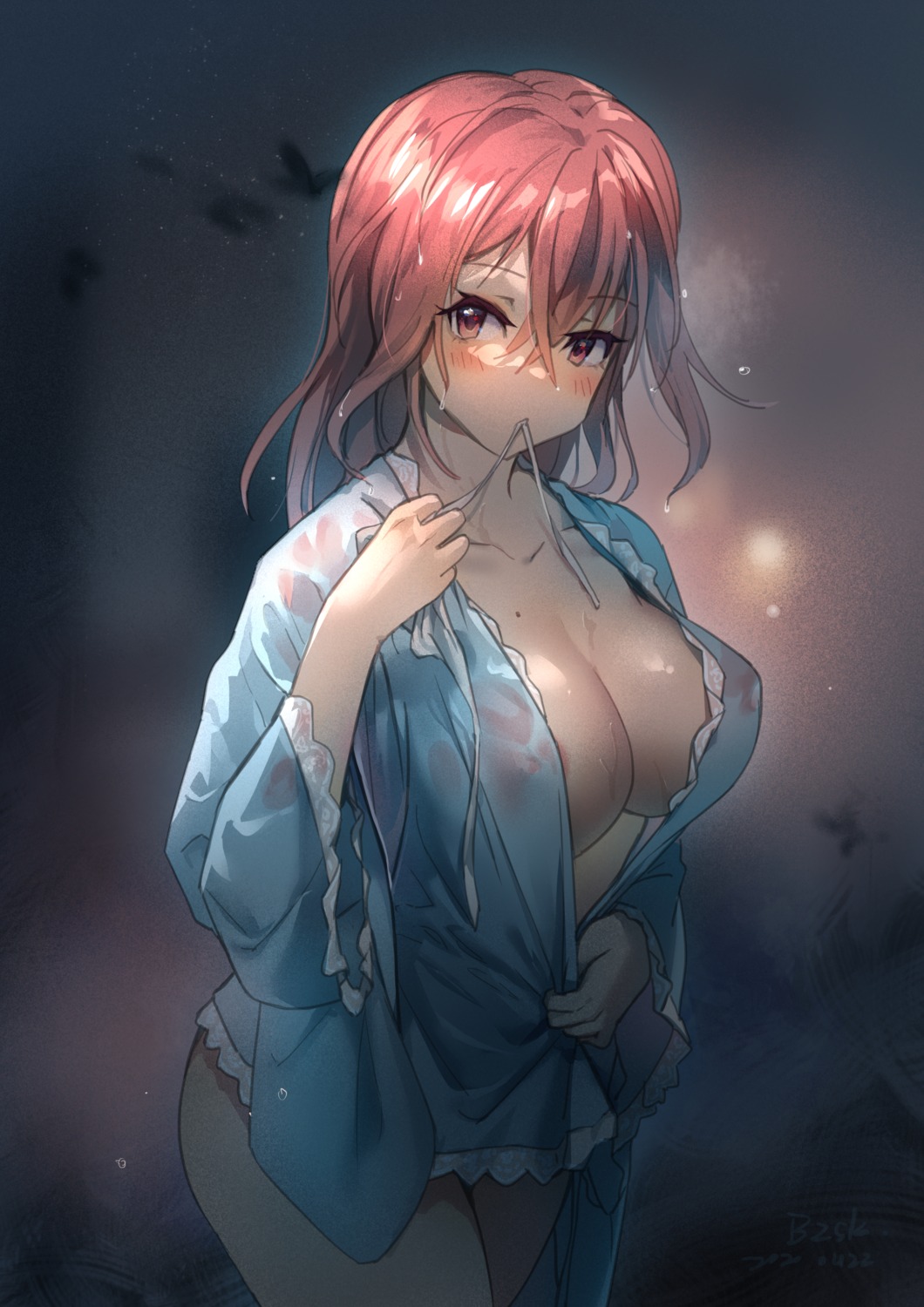 areola bottomless bzsk. no_bra open_shirt saigyouji_yuyuko see_through touhou wet wet_clothes