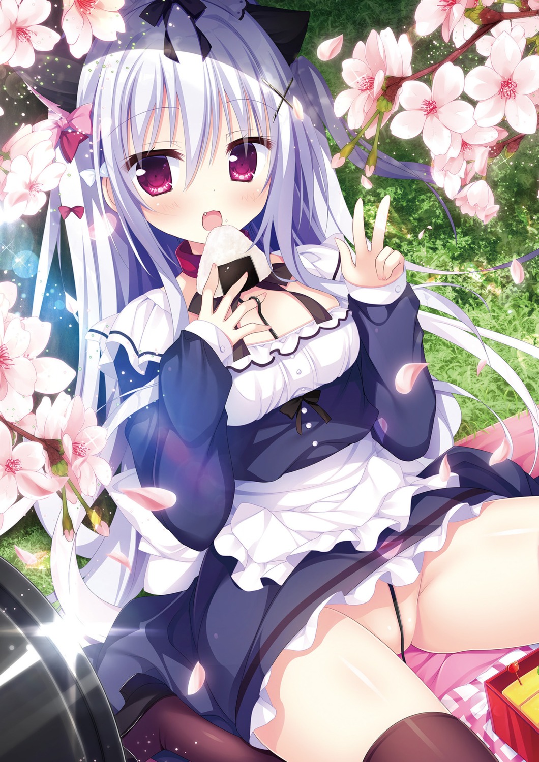 animal_ears breast_hold maid nekomimi nopan shiromochi_sakura skirt_lift thighhighs