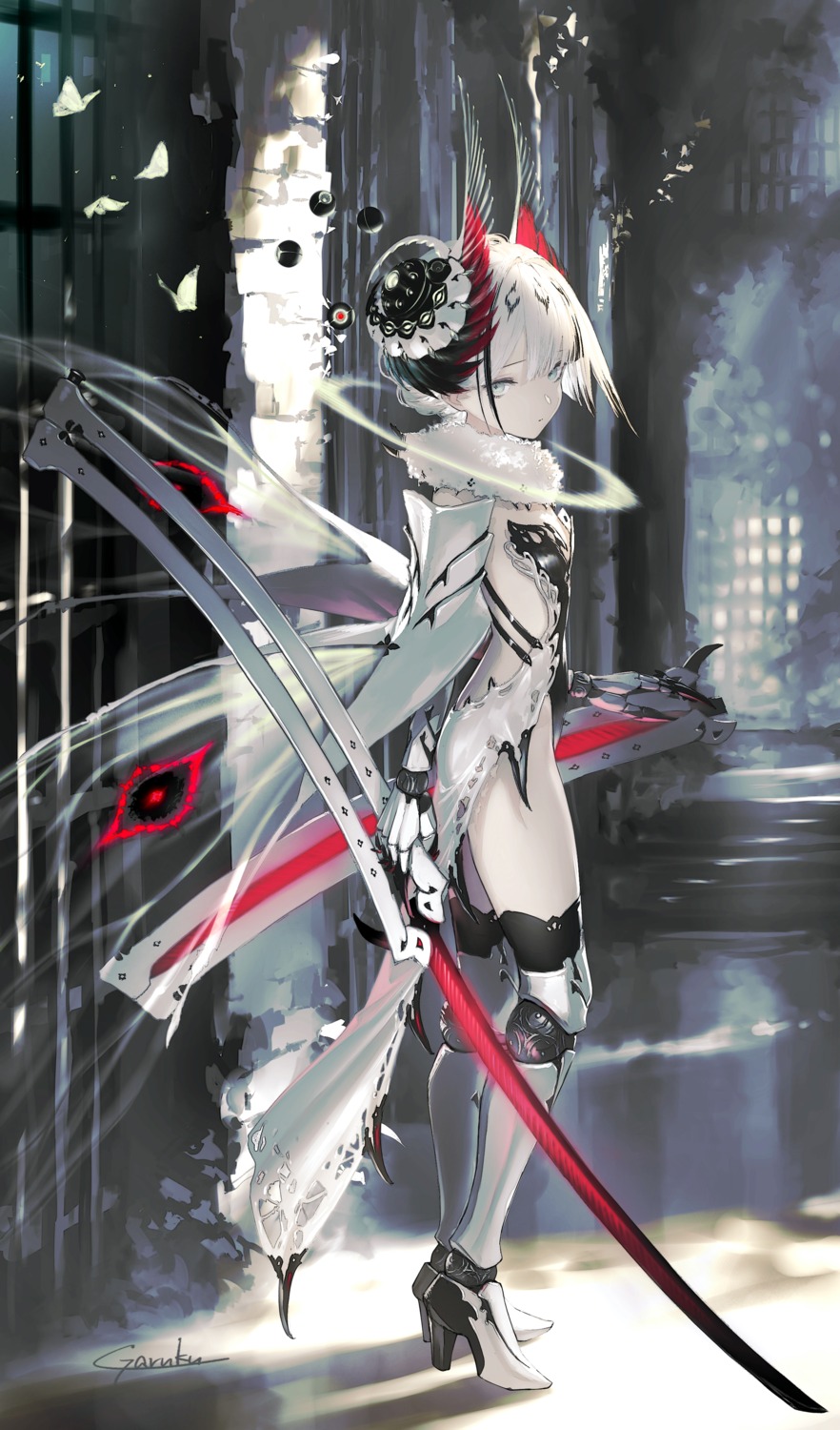 armor dress garuku heels mecha_musume no_bra sword thighhighs
