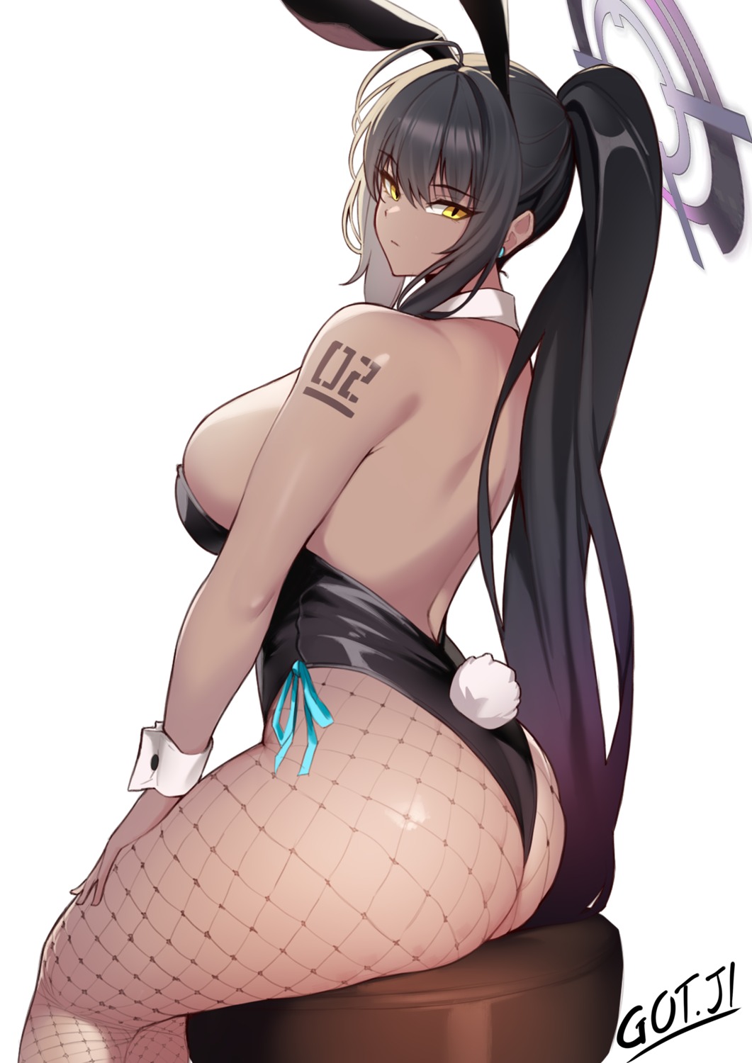 animal_ears ass blue_archive bunny_ears bunny_girl fishnets got_ji_(gojich1) halo kakudate_karin no_bra pantyhose tail tattoo