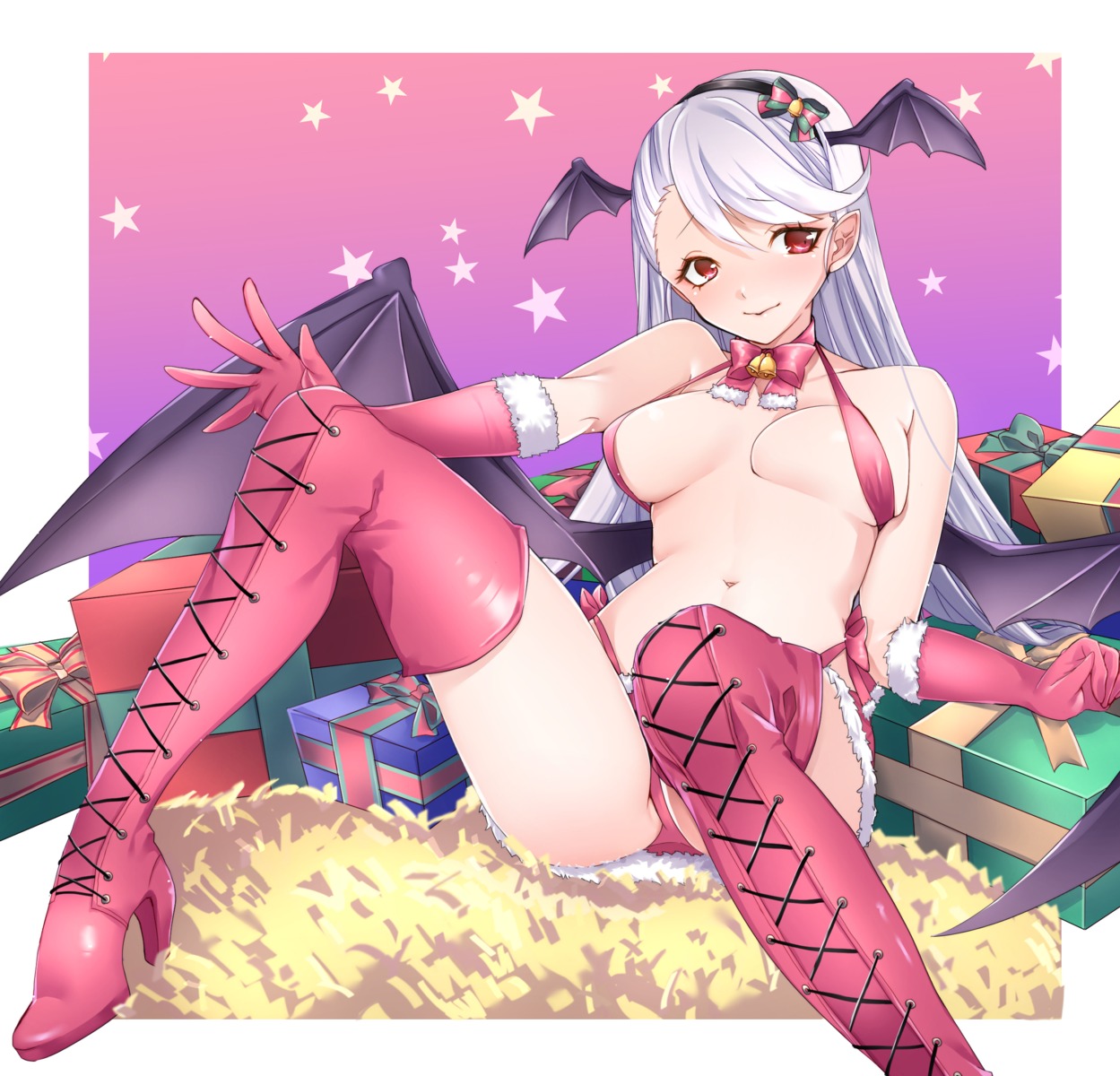 christmas heels no_bra pantsu pointy_ears thighhighs tsubaki_channel vampire_tsubaki wings yukina_(masyumaro610)