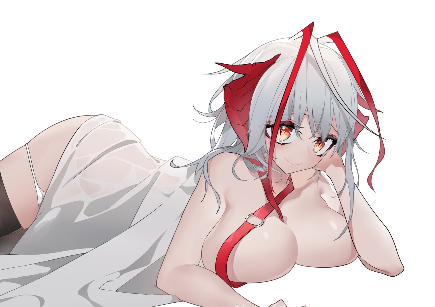 arknights breast_hold horns pantsu panty_pull sheets thighhighs topless w_(arknights) yushi_quetzalli