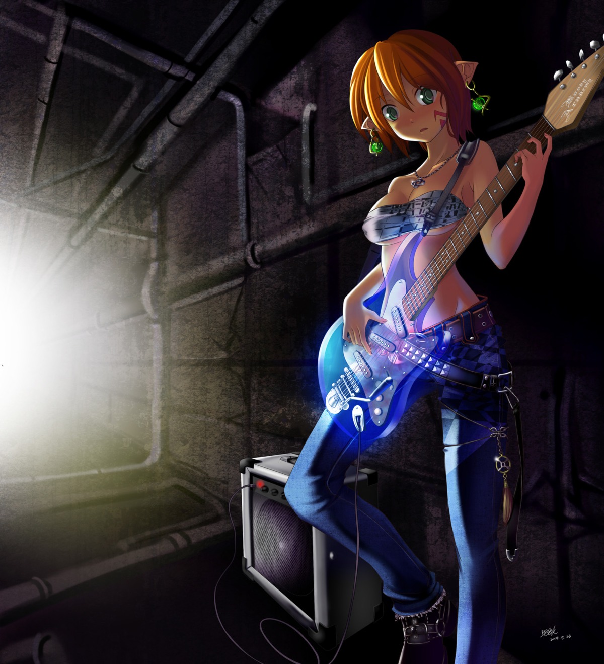 beek cleavage elf erect_nipples guitar pointy_ears underboob