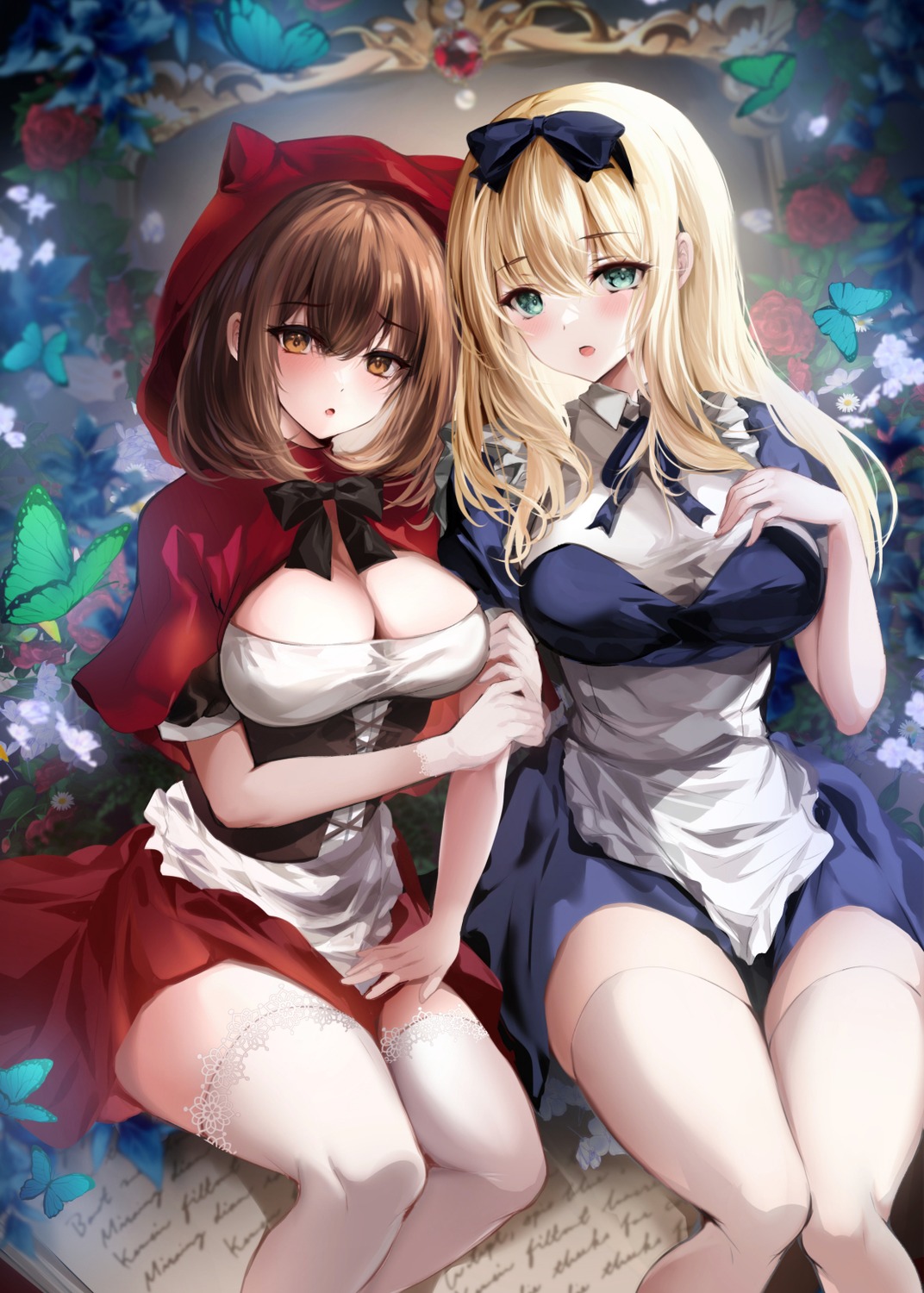 alice alice_in_wonderland breast_hold crossover kanden_shoujo_chuuihou little_red_riding_hood little_red_riding_hood_(character) mafuyu no_bra thighhighs