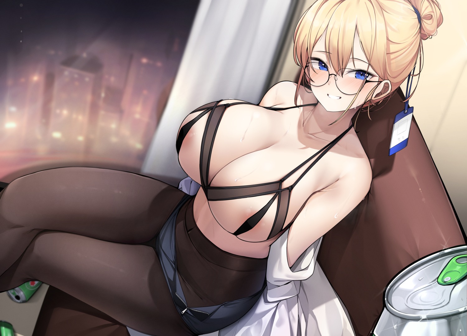 areola bra ddangbi dress_shirt lingerie megane open_shirt pantyhose wet