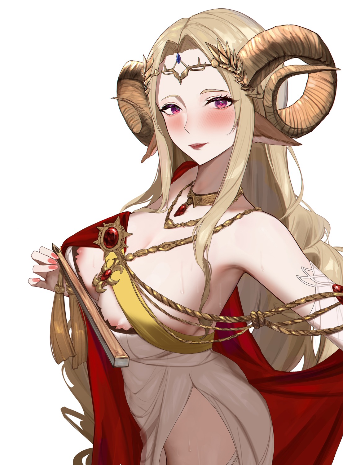 animal_ears arknights dress horns nipples no_bra ruyouguizhu twin_empresses_(arknights)