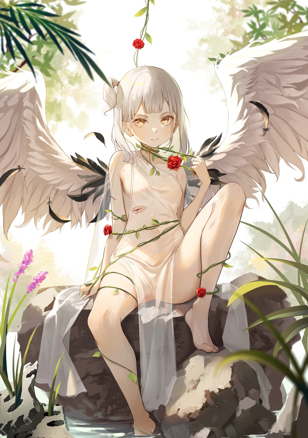 blood dampi no_bra nopan see_through skirt_lift torn_clothes wet wings