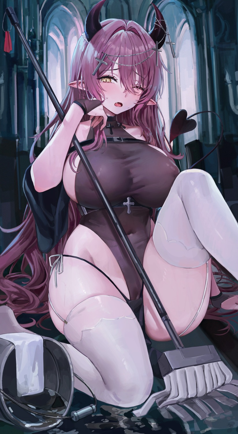 devil gompang_11 horns no_bra pointy_ears stockings tail thighhighs