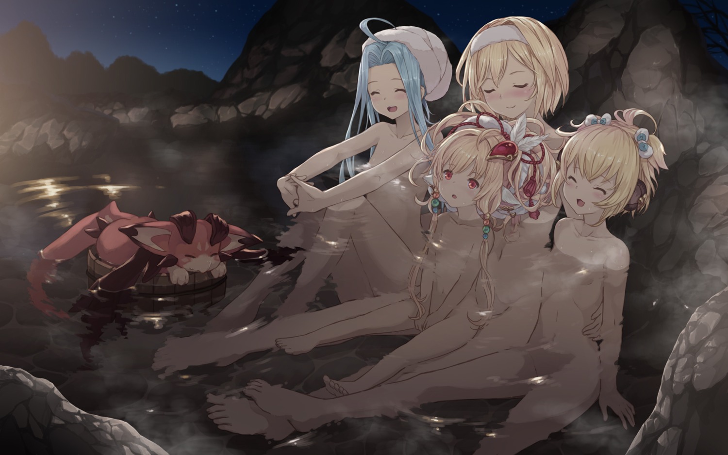 andira_(granblue_fantasy) animal_ears bathing cait censored djeeta_(granblue_fantasy) feet granblue_fantasy loli lyria_(granblue_fantasy) makira_(granblue_fantasy) naked onsen towel wallpaper wet