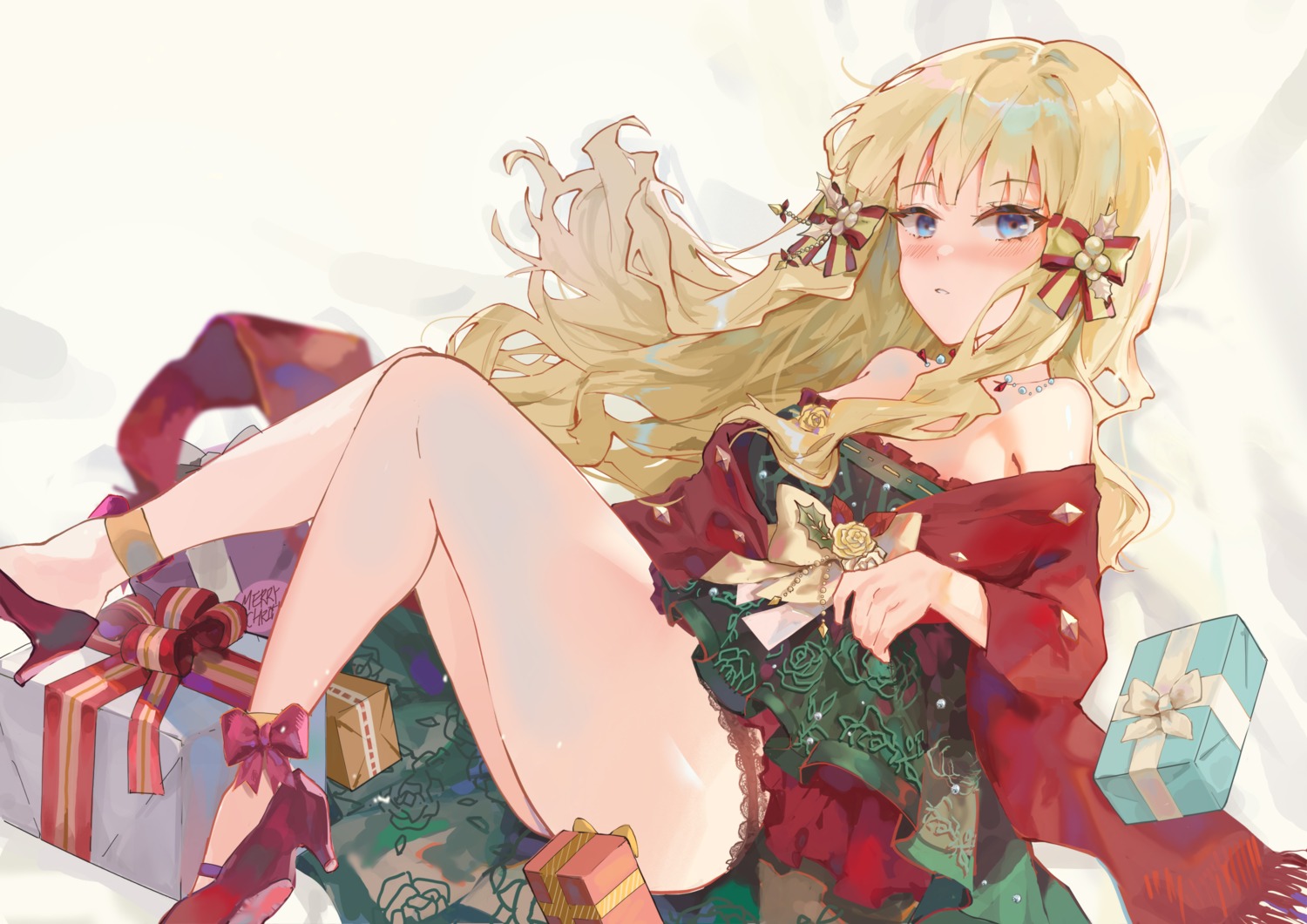 christmas dress fang_qiao heels no_bra pantsu princess_connect princess_connect!_re:dive sasaki_saren skirt_lift