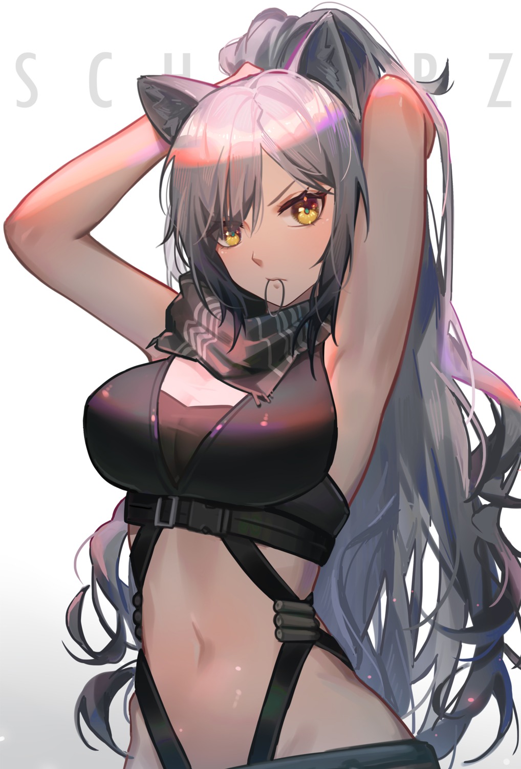 animal_ears arknights cleavage schwarz_(arknights) see_through xtears_kitsune