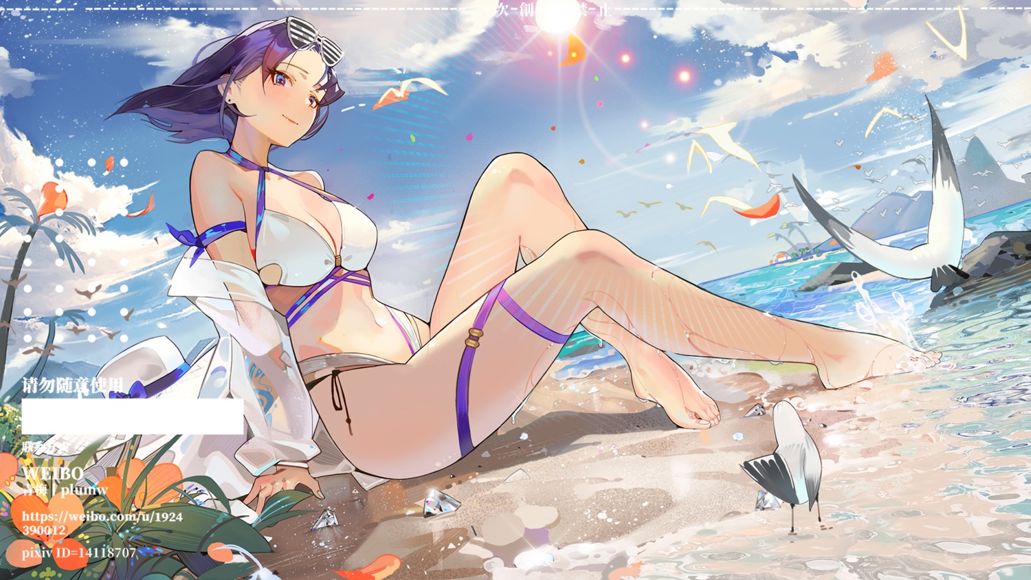 bikini cleavage garter megane open_shirt plumw see_through swimsuits wallpaper watermark wet