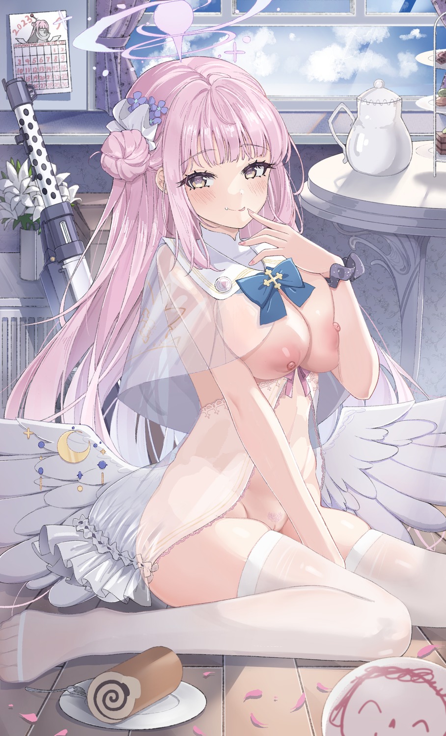angel artist_revision blue_archive bottomless breasts gun jinmuxi_(user_pvha4443) lingerie misono_mika nipples no_bra pubic_hair pussy see_through thighhighs uncensored wings