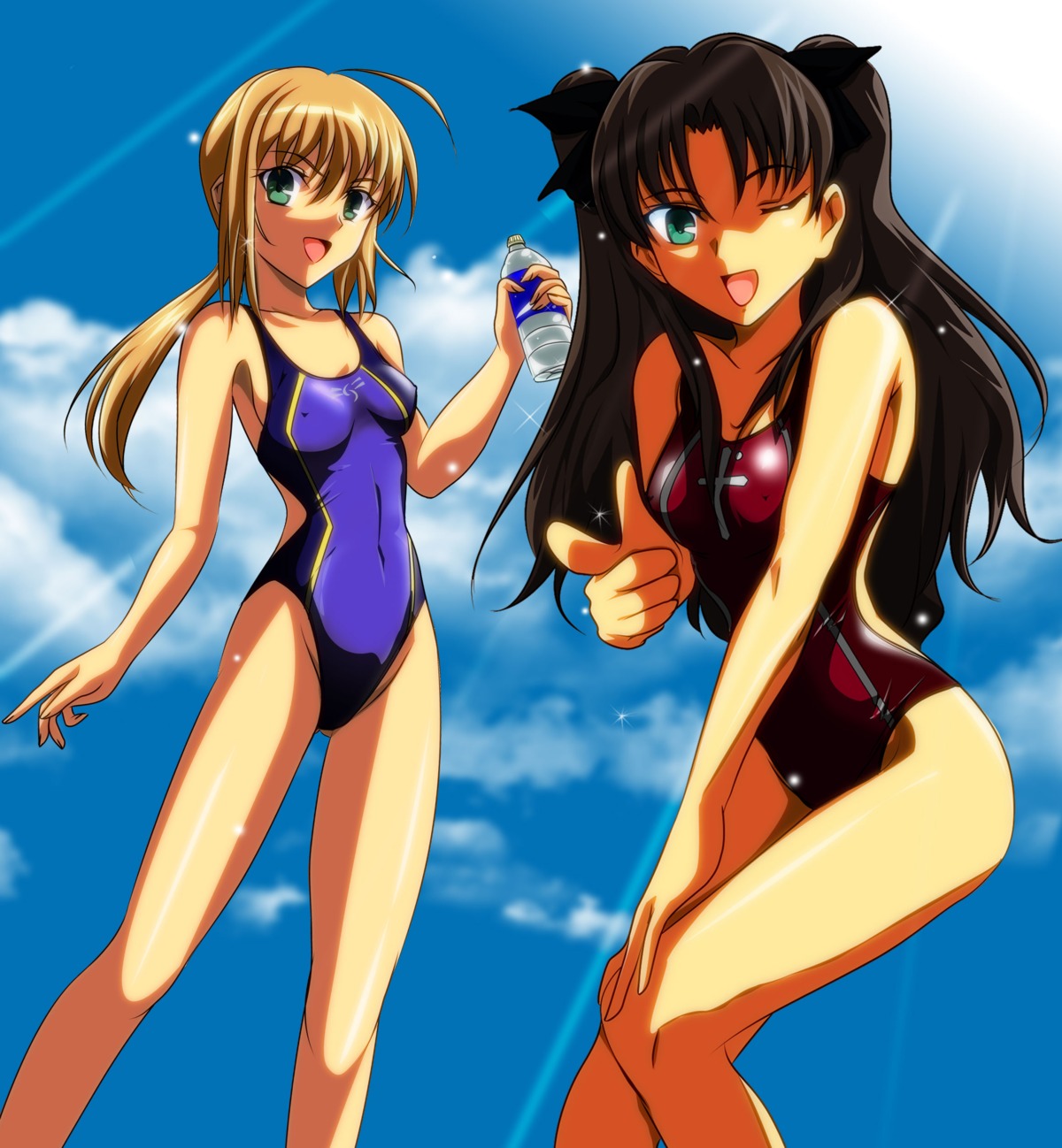 erect_nipples fate/stay_night gentoku jpeg_artifacts saber swimsuits toosaka_rin