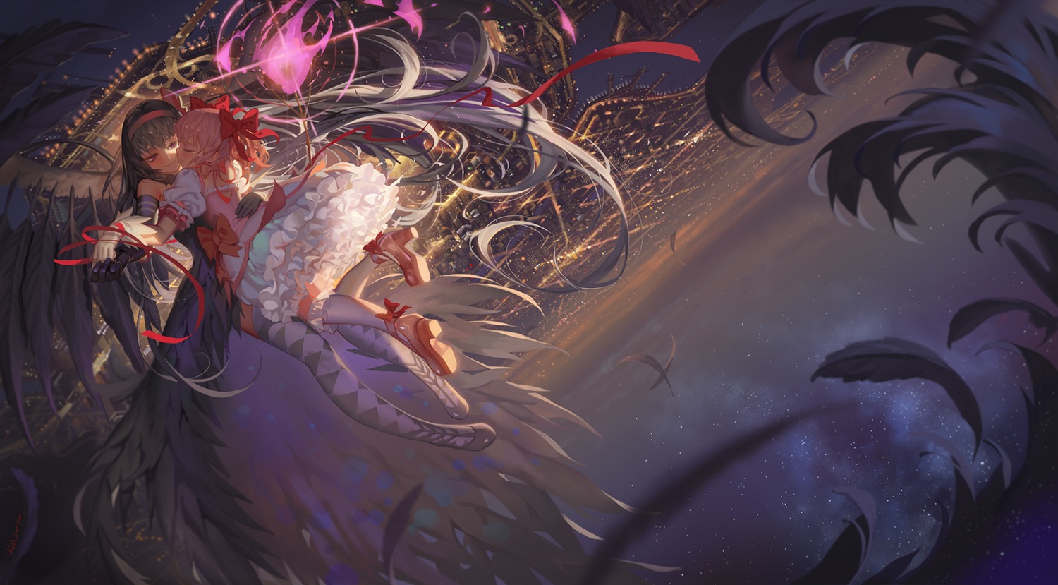 akemi_homura alphonse dress heels kaname_madoka landscape puella_magi_madoka_magica thighhighs wings