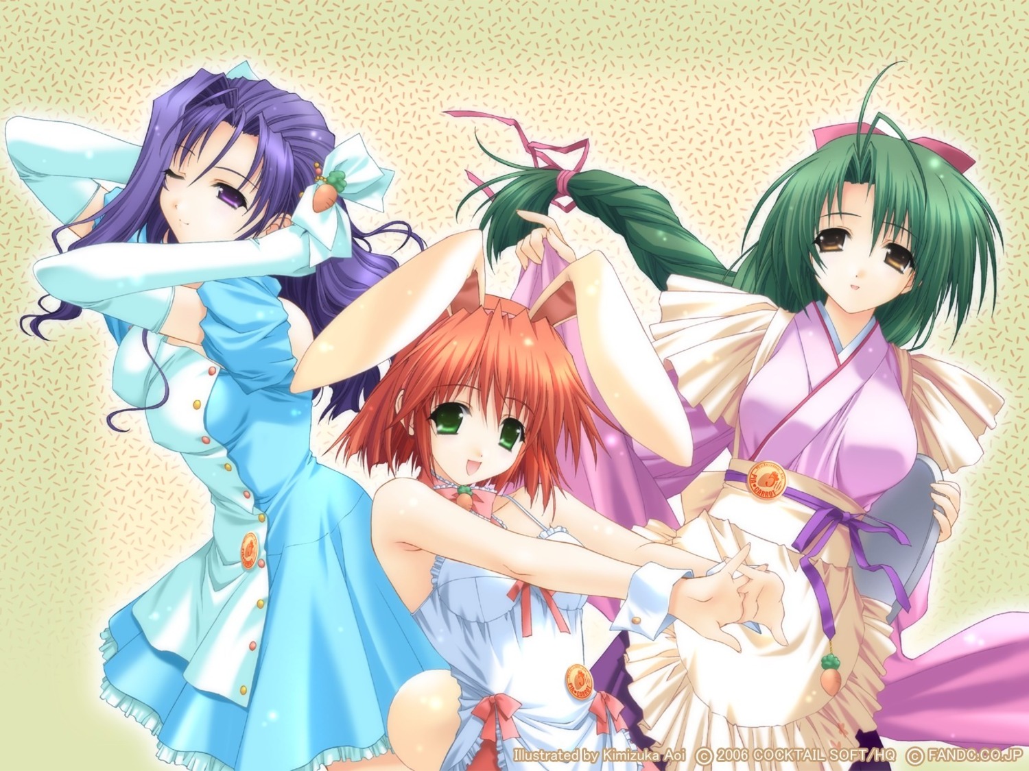 animal_ears bunny_ears cocktail_soft dress erect_nipples himekawa_kazumi kimizuka_aoi kimono midou_chihiro_(pia_carrot) pia_carrot pia_carrot_go waitress wallpaper yamana_tokiko