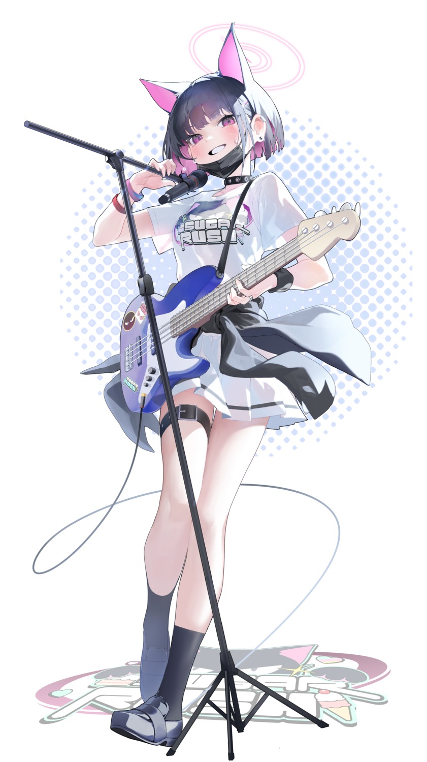 amejaga animal_ears blue_archive garter guitar halo kyouyama_kazusa nekomimi see_through seifuku uniform