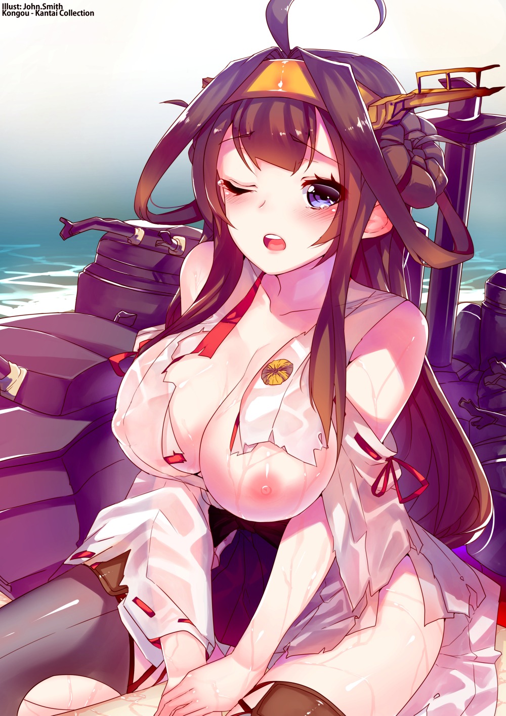 breasts erect_nipples john_smith kantai_collection kongou_(kancolle) nipples no_bra thighhighs torn_clothes wet wet_clothes