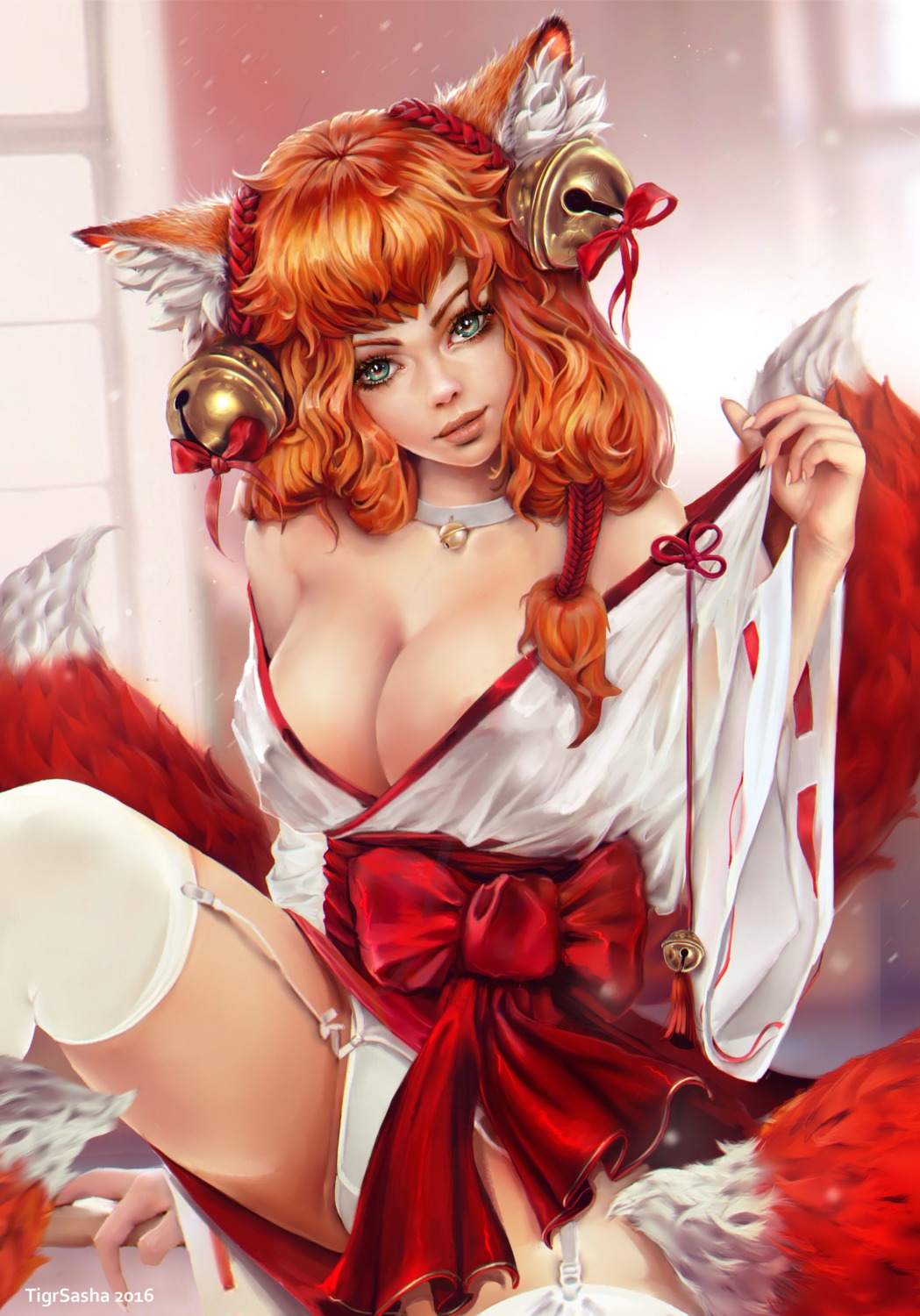 animal_ears areola cysh kitsune miko no_bra open_shirt pantsu skirt_lift stockings tail thighhighs tigrsasha
