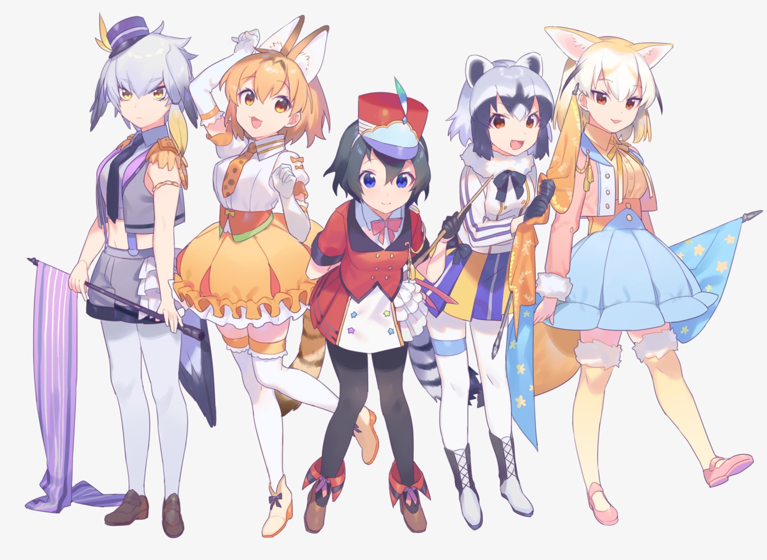 animal_ears common_raccoon fennec_(kemono_friends) heiwa_(murasiho) kaban_(kemono_friends) kemono_friends pantyhose serval shoebill tail thighhighs