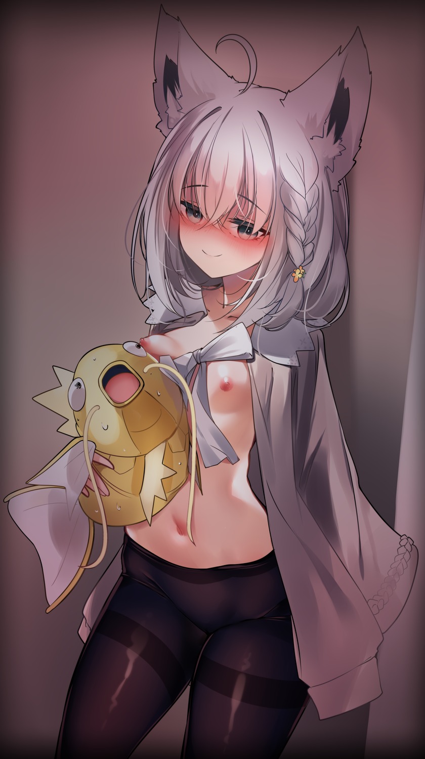 animal_ears breasts hololive hololive_gamers kana616 kitsune nipples no_bra open_shirt pantyhose pokemon shirakami_fubuki