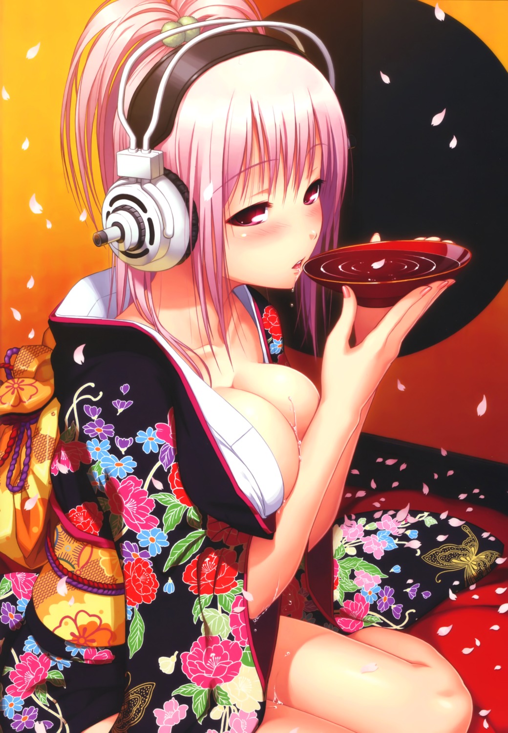 cleavage headphones kimono nitroplus no_bra sake sonico super_sonico tsuji_santa