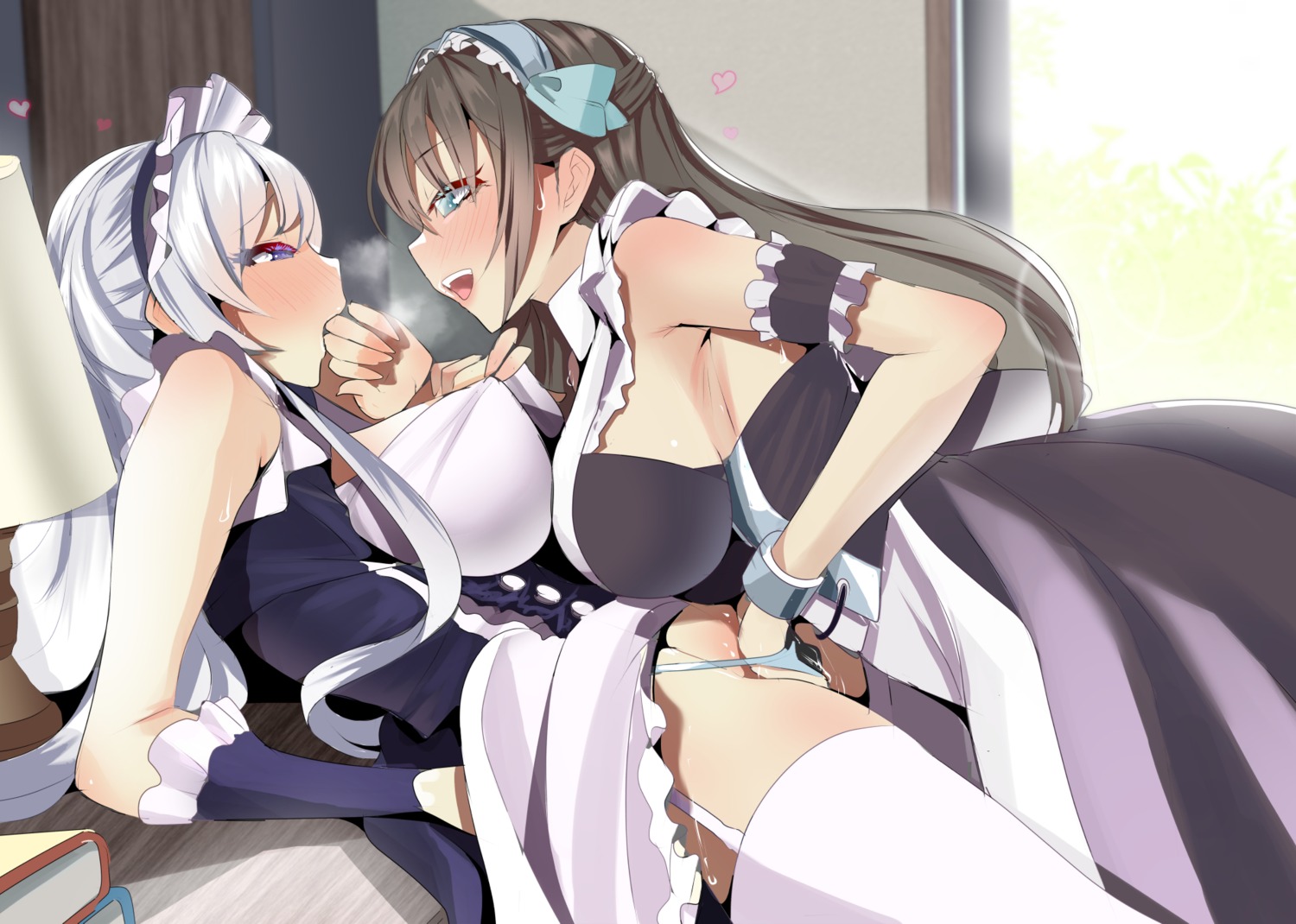 azur_lane belfast_(azur_lane) erect_nipples fingering maid monobe newcastle_(azur_lane) pantsu panty_pull pussy_juice skirt_lift stockings thighhighs yuri