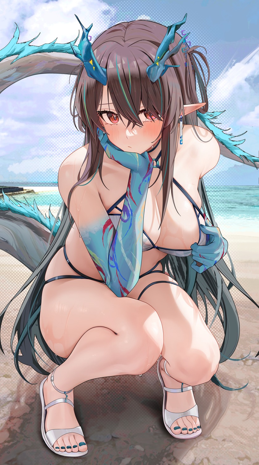 arknights bikini dusk_(arknights) horns pointy_ears ru_zhai swimsuits tail