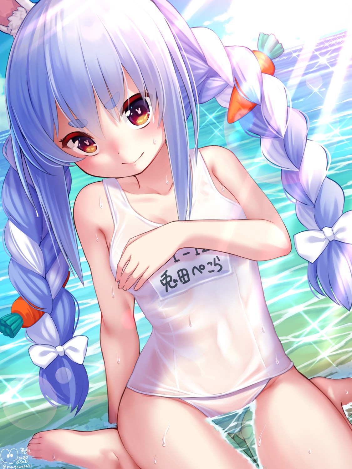 animal_ears breast_hold bunny_ears hololive loli magowasabi school_swimsuit see_through swimsuits usada_pekora wet wet_clothes