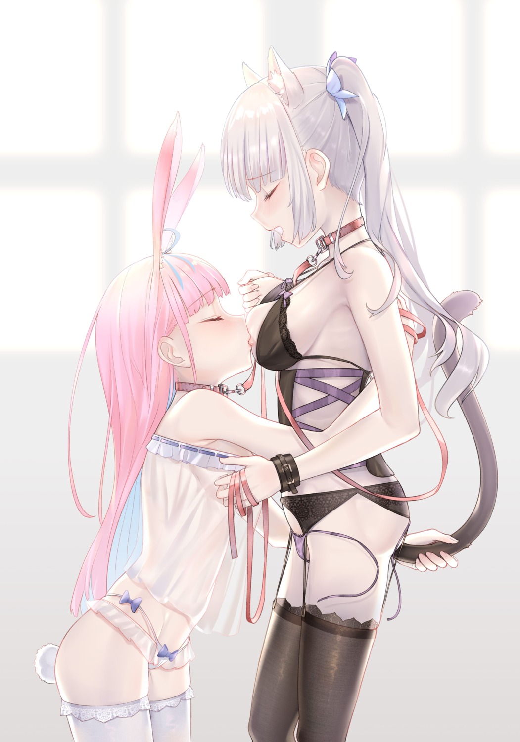 anal animal_ears bra breast_grab breast_hold breasts bunny_ears corset crossover garter_belt hololive kagura_mea kagura_mea_channel lingerie minato_aqua nekomimi nipples no_bra pantsu see_through stockings string_panties tail thighhighs wardrobe_malfunction yao_unripe yuri