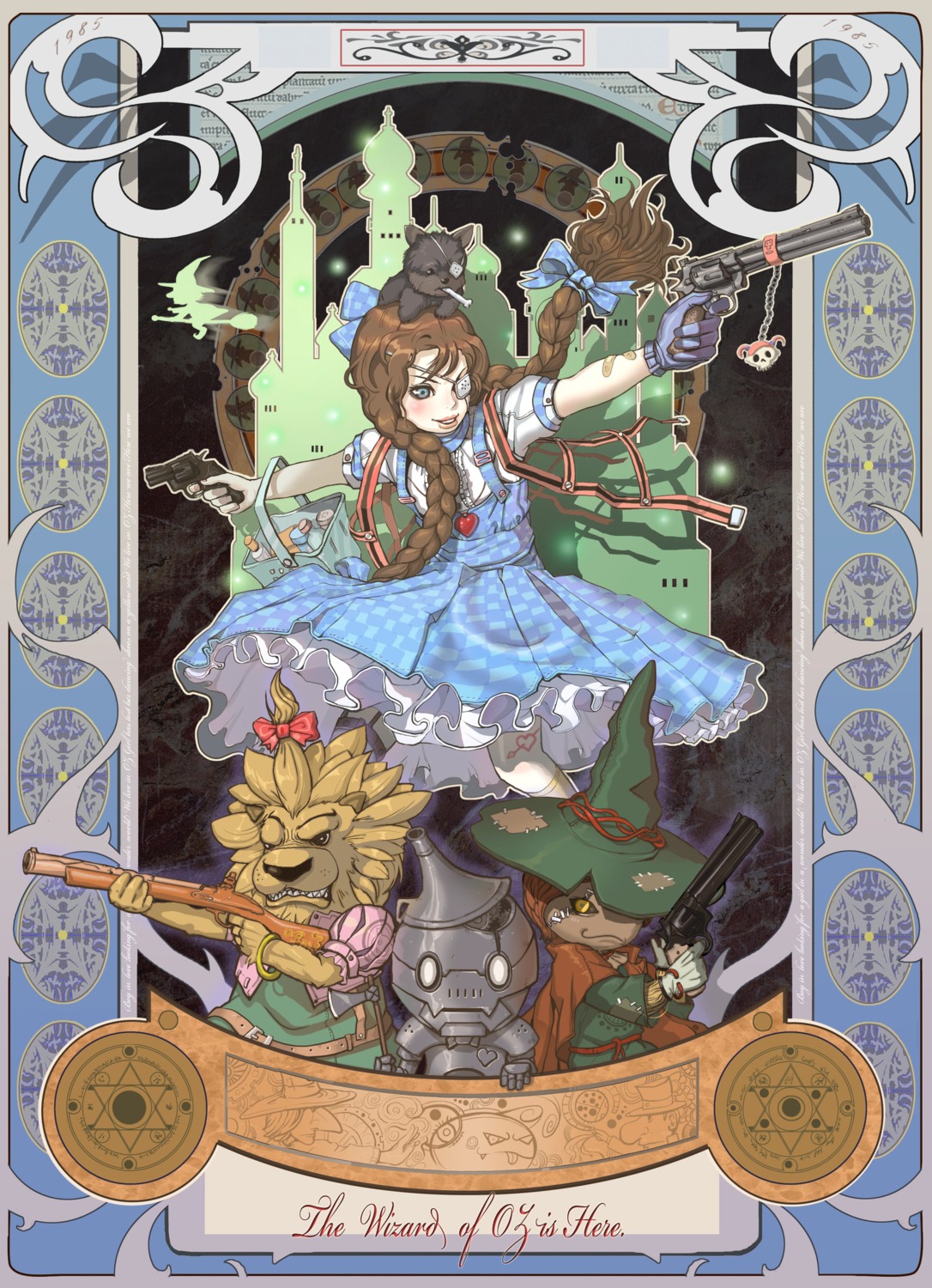 armor cowardly_lion dorothy_(oz) dorothy_gale dress eyepatch gun scarecrow shaonav the_wizard_of_oz tin_man toto_(oz) weapon