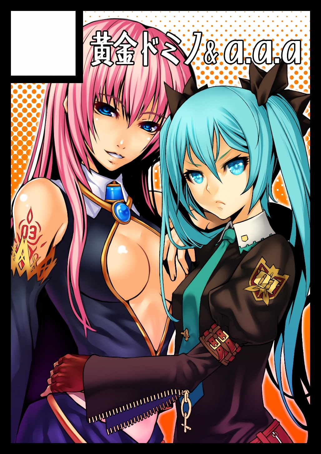 aka_(shoumae) cleavage hatsune_miku megurine_luka open_shirt vocaloid