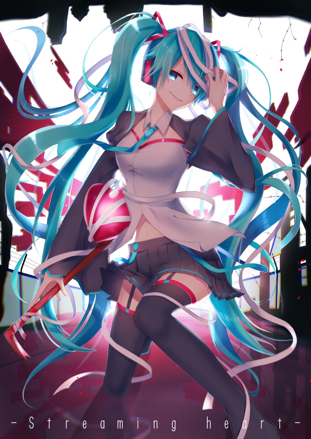 bandages hatsune_miku headphones natsu_tora stockings thighhighs vocaloid weapon